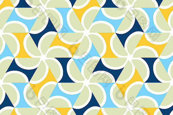 几何抽象无缝图案图案背景。<strong>淡绿</strong>色半圆和黄色、蓝色、黑色三角形的彩色形状