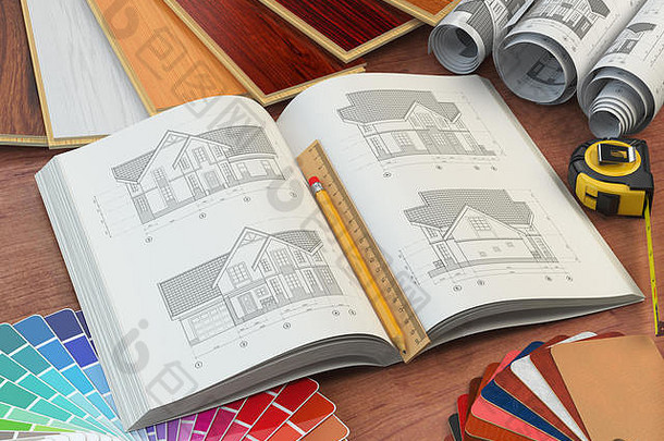 草稿房子木样品颜色调色板皮革色板室内设计建设概念插图