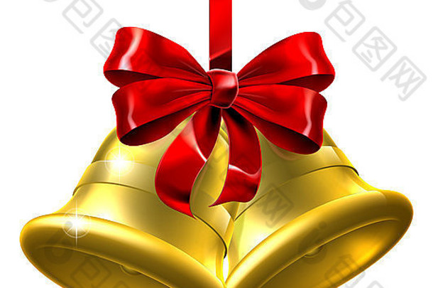 一对金色圣诞钟的插图，上面有一个红色的蝴蝶结和丝带