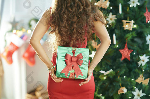 微笑现代女人<strong>红</strong>色的衣服圣诞节树隐藏绿色圣诞节现在盒子回来
