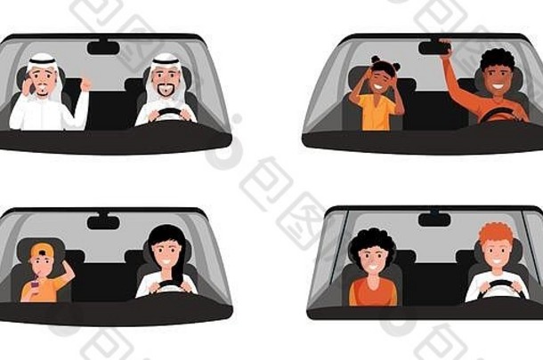 人们驾驶着汽车。一名身穿传统服装的阿拉伯男子坐在汽车前排。已婚夫妇，母亲和儿子，非裔美国人父亲和女儿