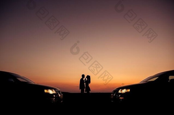 这对相爱的夫妇在可爱的夏日夕阳中，开着他们同样的车，尽情享受着爱的概念