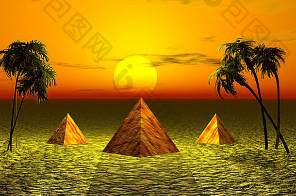 三座金字塔和黄色景观
