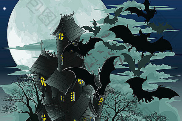 万圣节场景插图令人毛骨悚然的闹鬼鬼房子蝙蝠飞行月亮