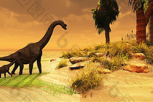 妈妈。腕龙恐龙带来了后代岛栖息地侏罗纪时代