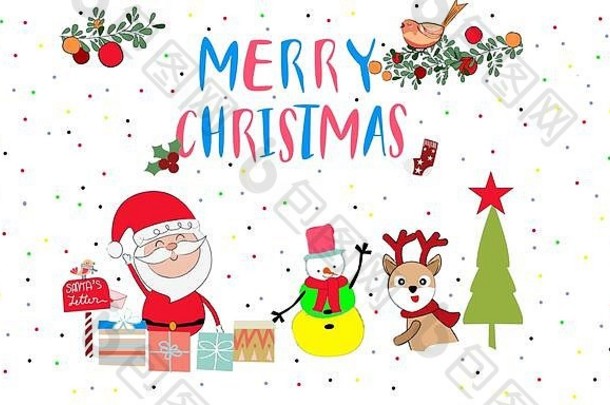 快乐圣诞节背景插图广告横幅圣诞节元素圣诞老人老人快乐可爱的孩子们雪人驯鹿礼物