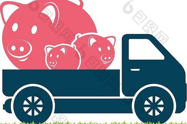 卡车载着猪。农场动物运输图标。