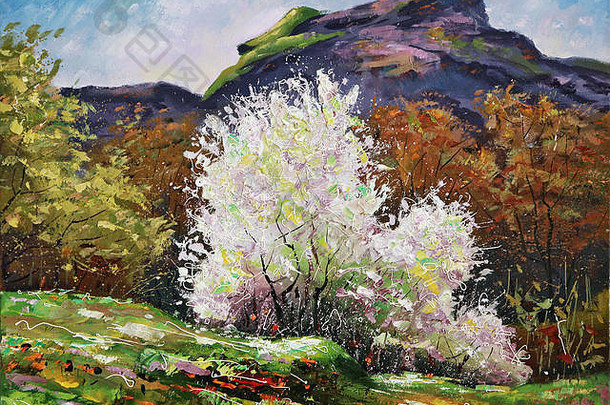 山景背景下一棵盛开的野生李树。绘画：帆布，油画。作者：尼古拉·西文科夫。