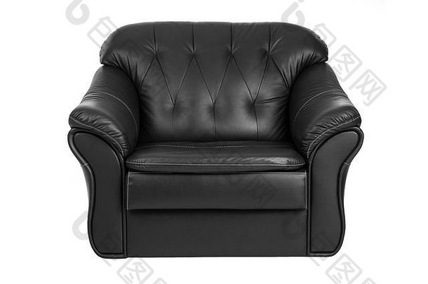 经典大黑色的皮革扶手椅孤立的白色背景剪裁路径