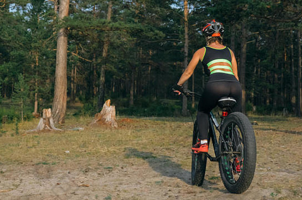 胖<strong>自行车</strong>也被称为胖<strong>自行车</strong>或胖轮胎<strong>自行车</strong>在夏天骑在森林里。