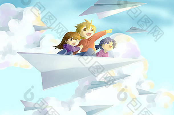 插图快乐孩子们纸飞机飞行多云的天空代表愿望