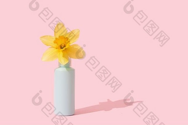 蓝色的容器化妆品瓶黄色的花空白标签模拟品牌自然美产品概念粉红色的背景