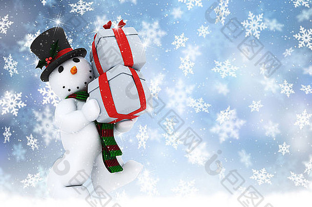 <strong>圣诞</strong>节背景雪人携带礼物