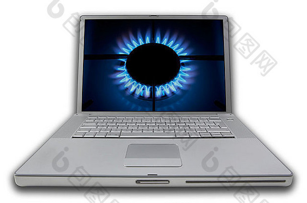 笔记本电脑屏幕上显示蓝宝石火焰在燃气灶具上的应用