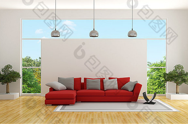 带有<strong>红</strong>色沙发和大窗户的现代客厅