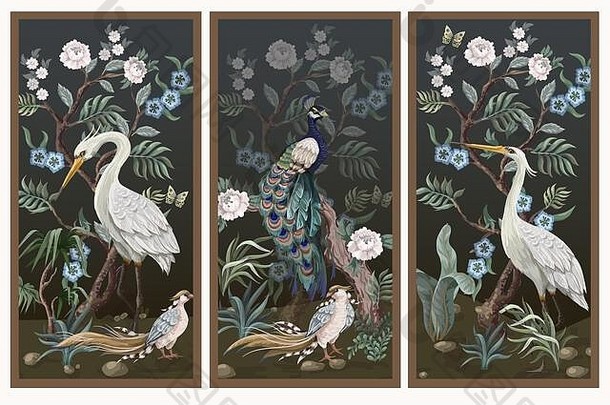 折叠屏幕中国艺术风格风格孔雀牡丹