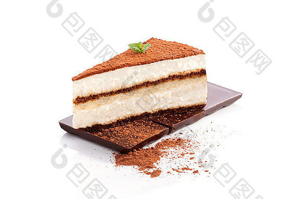 tiramisu甜点巧克力酒吧孤立的白色背景意大利甜蜜的甜点概念