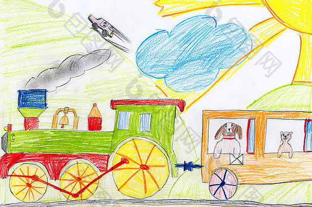 狗在火车上带着一封信。儿童绘画。