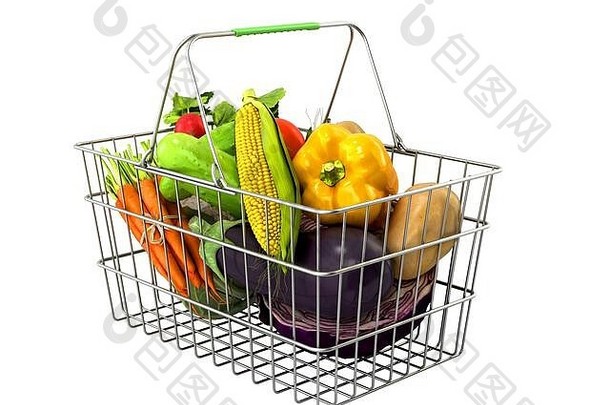 杂货店篮子蔬菜概念新鲜的食物出售渲染白色影子
