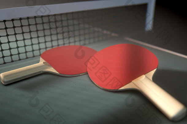 在黑暗的工作室背景上，一张乒乓球网特写镜头和两个红色挡板的3d渲染