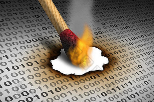 删除数据和删除信息作为一种技术概念，使用点燃的火柴燃烧二进制代码作为互联网安全符号，或消除和销毁电子邮件，或使用3D插图元素硬盘服务器。