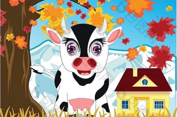 家里的动物是秋天在大自然中饲养的奶牛。