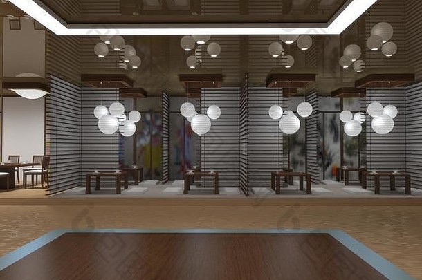 中餐厅、寿司吧、室内可视化、3D插图