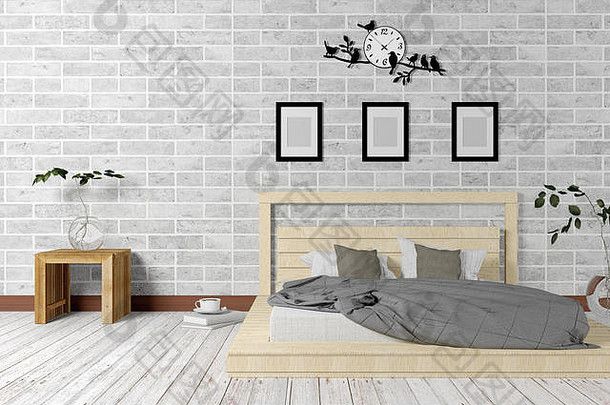 白色最小的阁楼风格卧室室内简单的生活概念