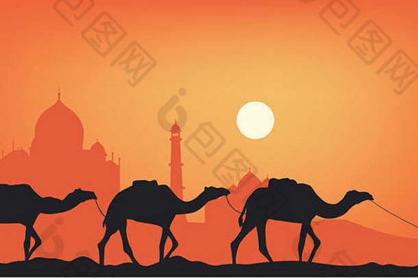 骆驼沙漠背景清真寺
