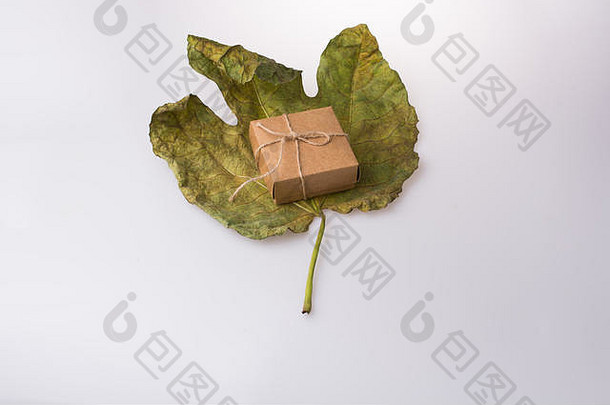 棕色的礼品盒，放在一片大的干叶子上