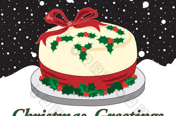 一个传统圣诞蛋糕的插图，用冬青树和红丝带装饰，贺卡上有一个夜晚的雪天