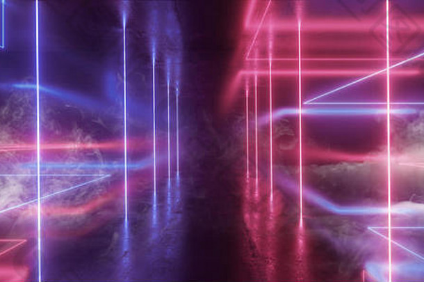 烟霓虹灯未来主义的灯发光的三角形sci复古的摘要形状的激光紫色的蓝色的充满活力的列混凝土难看的东西反光隧道外星人