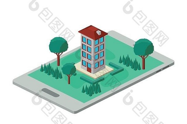 智能手机上的建筑和树木等轴测场景