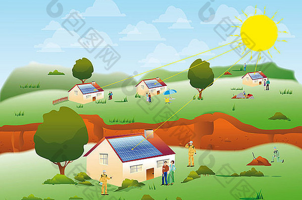 位于草地上的几个太阳能住宅的插图，用于提供环境可持续的电力和可再生能源