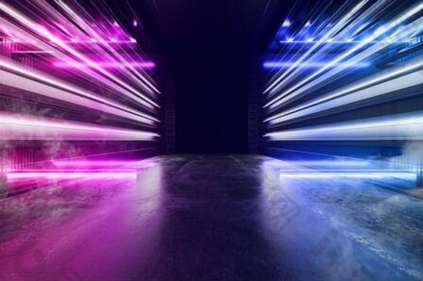 科幻未来主义烟雾背景水泥潘通紫蓝色电霓虹Led激光夜光工作室展示厅走廊Wareh