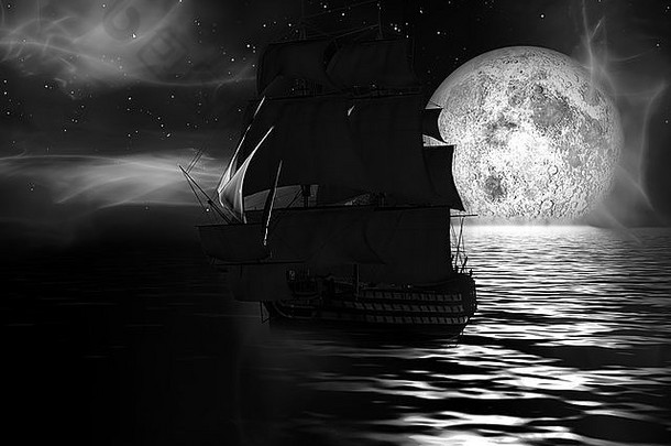 帆船月光照耀的晚上雾