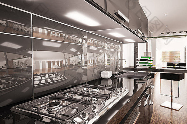 室内现代黑色的厨房气体炊具渲染