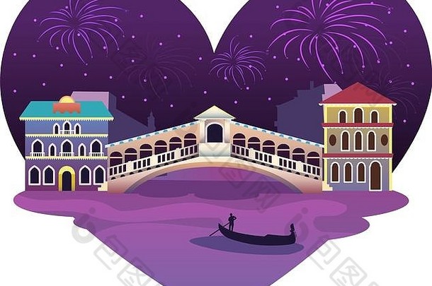 心形状的威尼斯视图烟花闪亮的明星晚上包括水上巴士独木舟桥