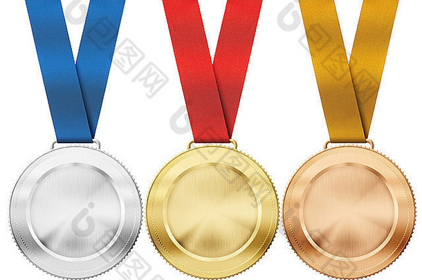 金、银、铜奖牌，白色上有隔离带