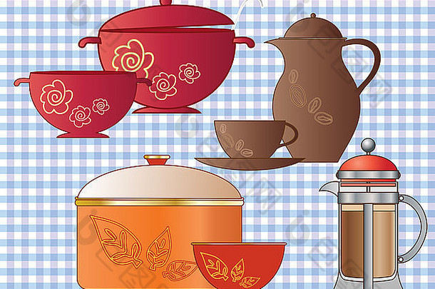 插图各种烹饪餐具厨房货锅锅咖啡能法国新闻