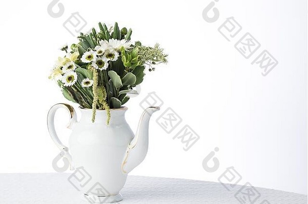 白色桌布白色中国集绿色植物白色花花瓣花核心
