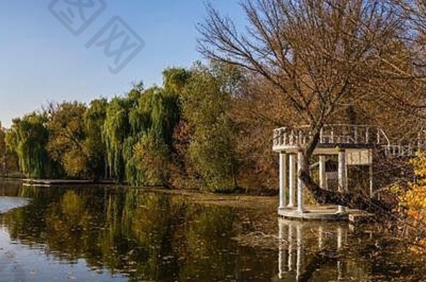 阳光明媚的秋天晚上蓝色的湖黄色的树伊万基村Cherkasy地区乌克兰