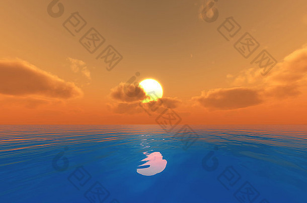 太阳橙色云蓝色的海