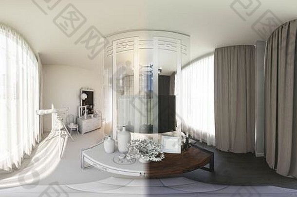 3d插图360度球形，无缝全景卧室室内设计。