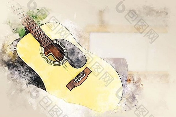 抽象的彩色形状在原声吉他的前景上，在水彩画的背景上和数码插画的画笔上进行艺术表现。