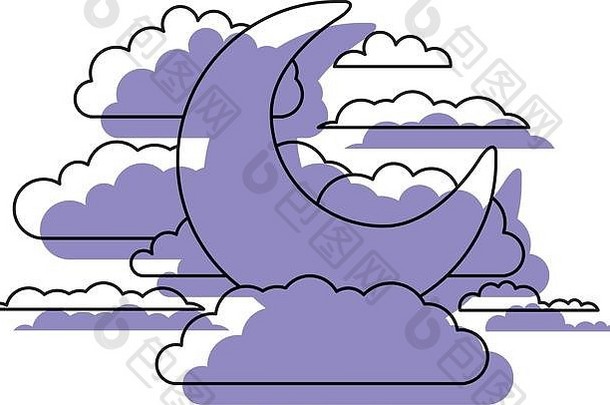 夜景中的月亮和云白色背景上的紫色水彩剪影