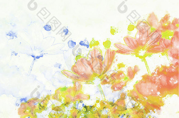 抽象花卉盛开于五彩缤纷的水彩绘画背景和数码插画画笔之上。