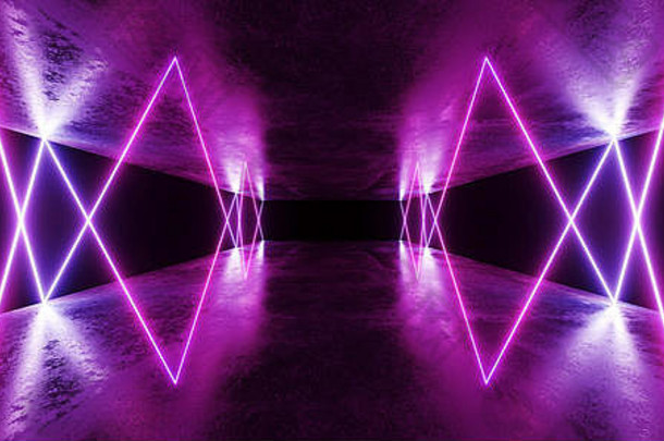 太空船舞台未来科幻霓虹灯发光紫蓝色激光混沌抽象虚拟荧光黑暗垃圾混凝土隧道走廊走廊