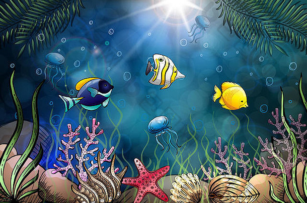 作文贝壳海星水母水下世界海背景