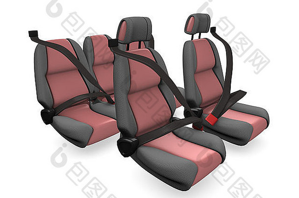 3d插图，概念图家庭汽车座椅，隔离在白色背景上。